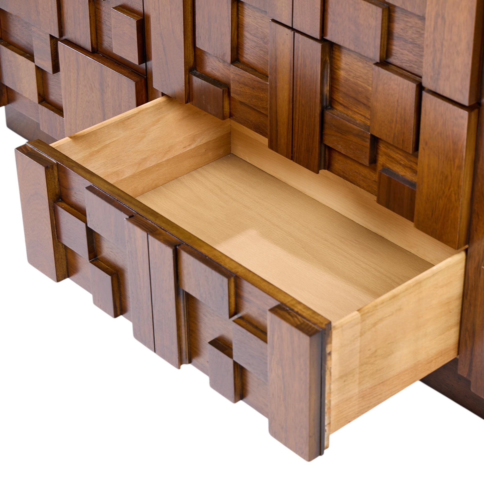 20th Century Lane Staccato Brutalist Mid Century Walnut Lowboy Dresser For Sale