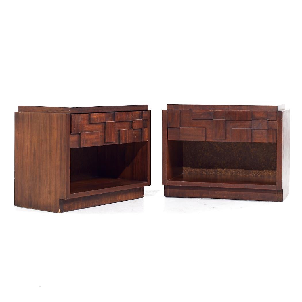 Lane Staccato Brutalist Mid Century Walnut Nightstands - Pair

Each nightstand measures: 28 wide x 16.5 deep x 22 inches high

All pieces of furniture can be had in what we call restored vintage condition. That means the piece is restored upon