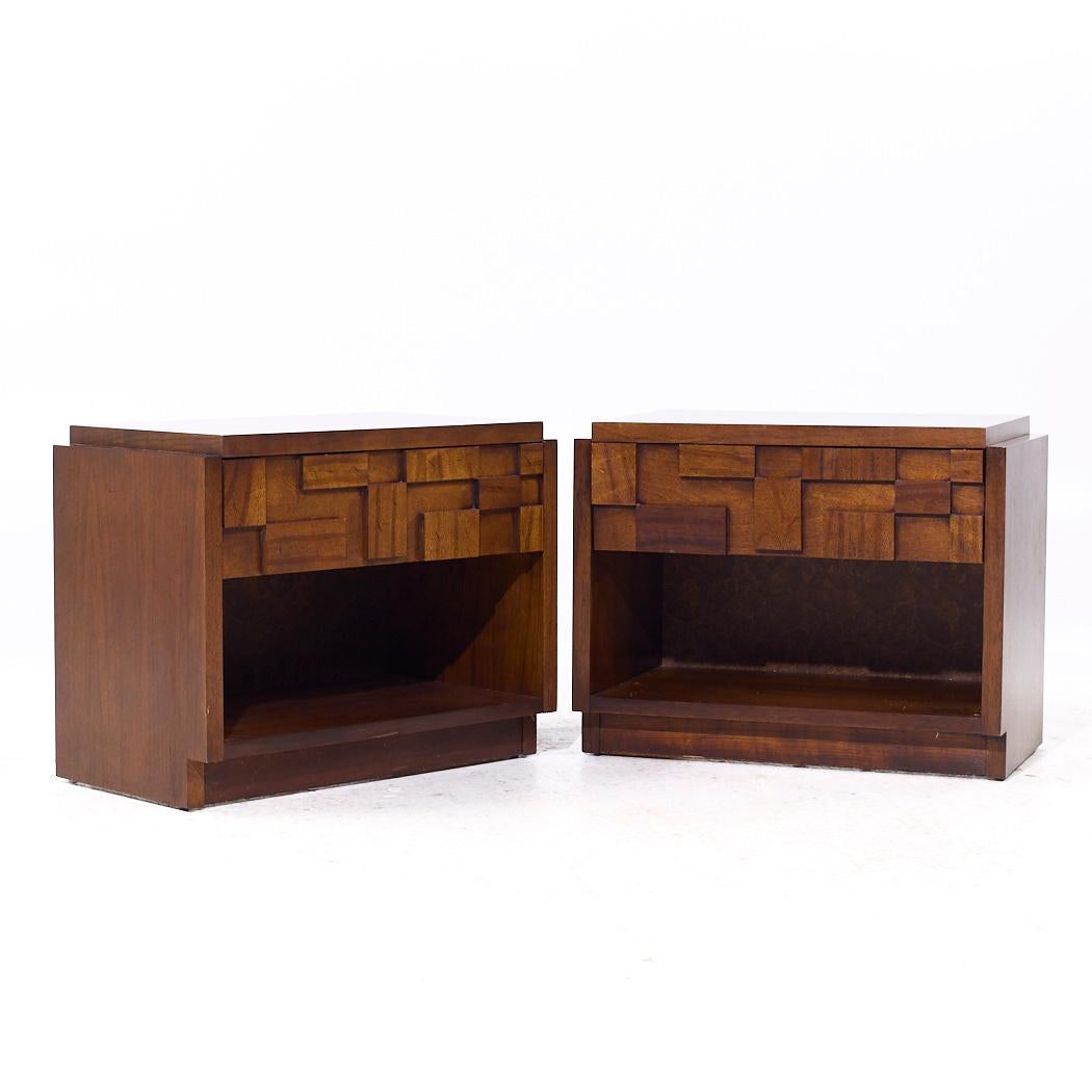 Lane Staccato Brutalist Mid Century Walnut Nightstands - Pair

Each nightstand measures: 28 wide x 16.5 deep x 22.25 inches high

All pieces of furniture can be had in what we call restored vintage condition. That means the piece is restored upon