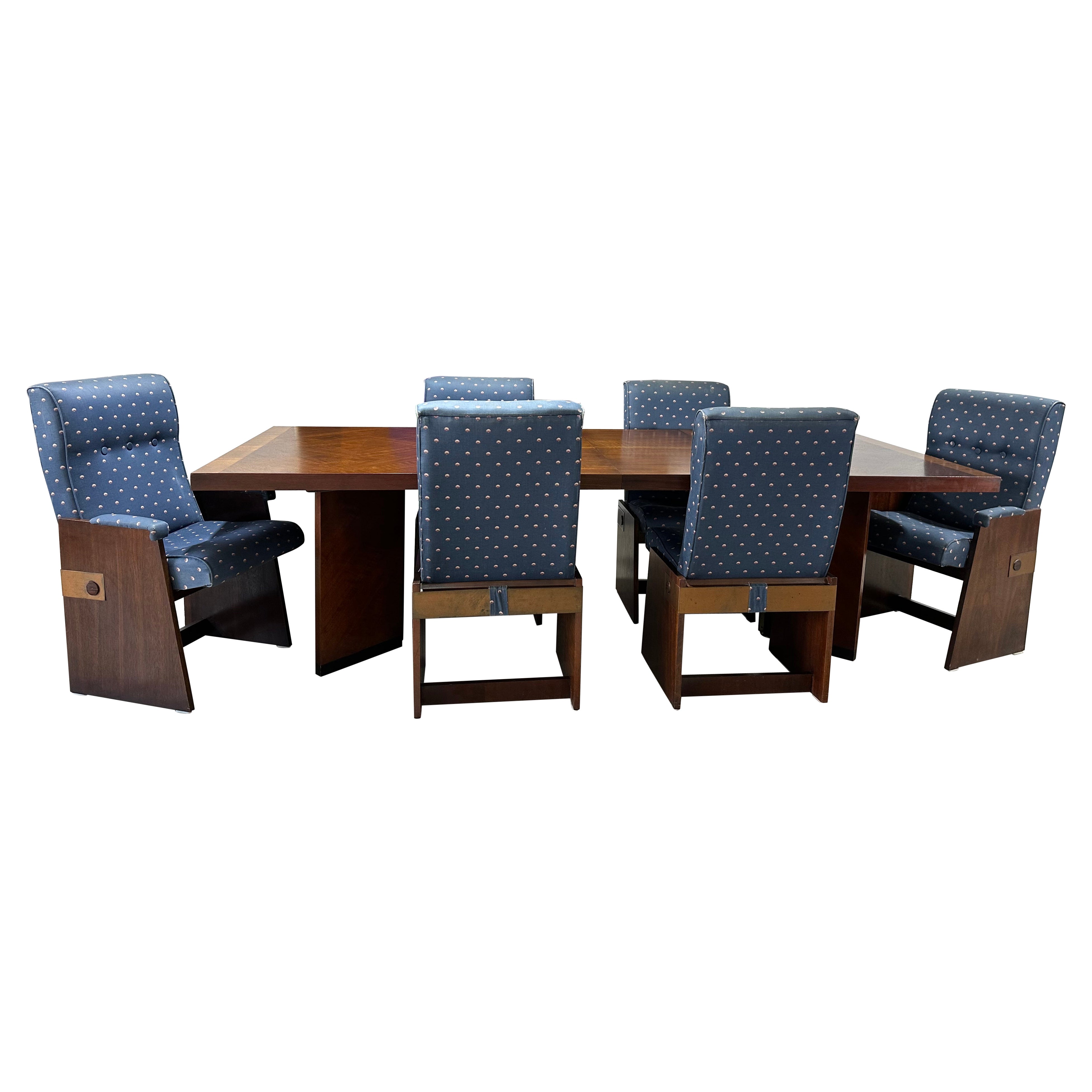 Lane Staccato Brutalist Walnut Dining Set, Table and 6 Chairs For Sale
