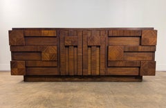 Lane Staccato Brutalist Walnut Triple Dresser Credenza