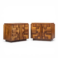 Lane Staccato Mid Century Brutalist Walnut Nightstands - Pair