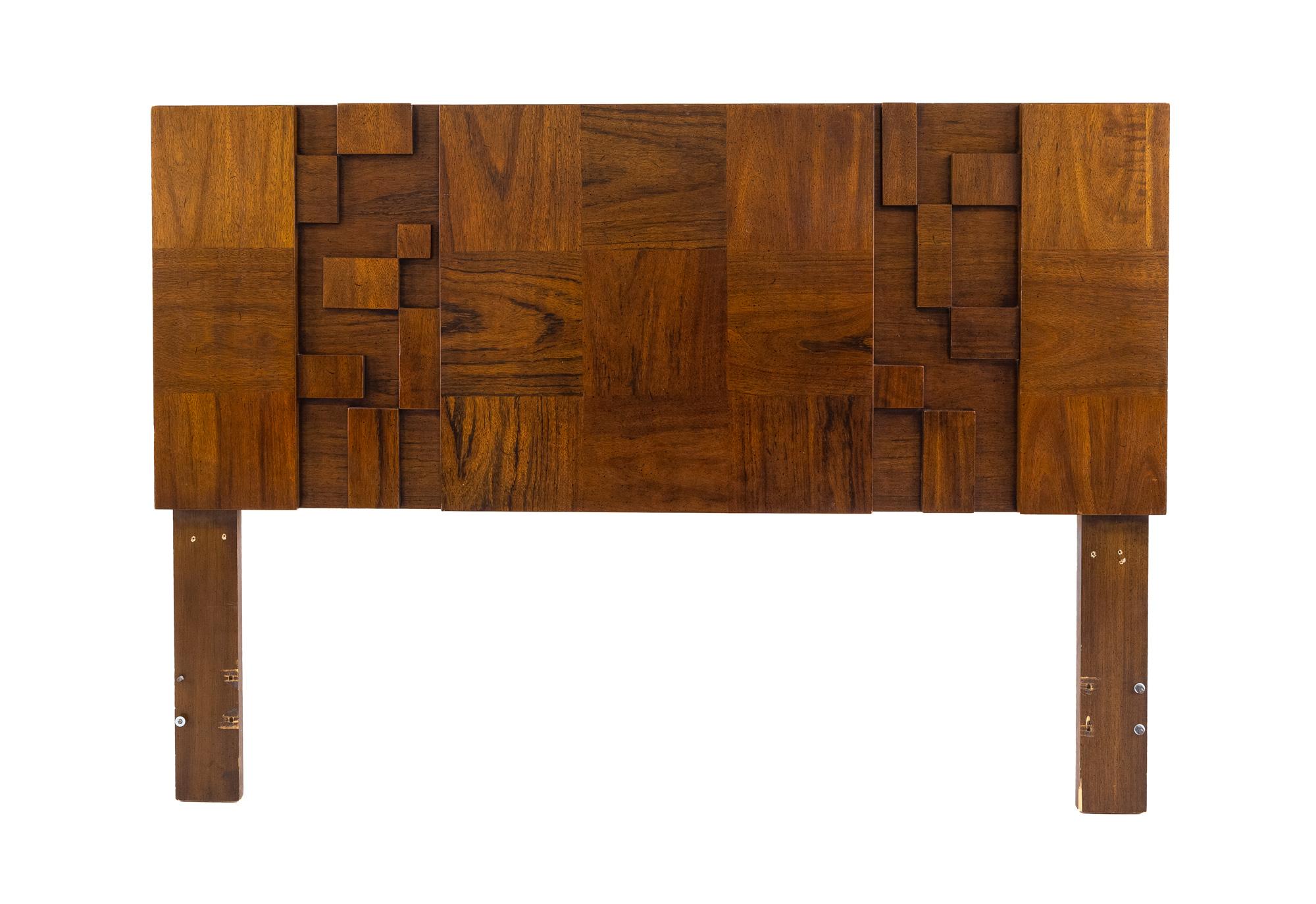 Lane Staccato mid century brutalist walnut queen size headboard

This headboard measures: 60 wide x 2 deep x 42 inches high

All pieces of furniture can be had in what we call restored vintage condition. That means the piece is restored upon