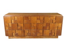 Lane Staccato Mid Century Modern 9 Drawer Oak Brutalist Mirrored Dresser Lowboy