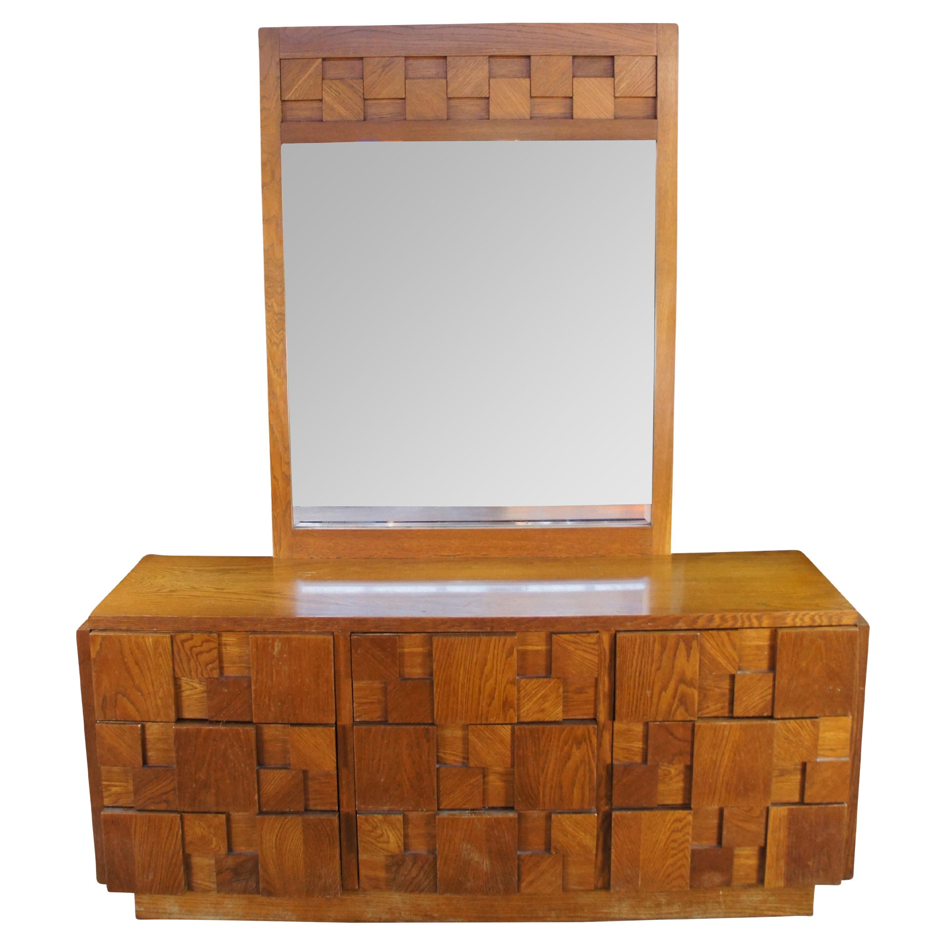 Lane Staccato Mid Century Modern 9 Drawer Oak Brutalist Mirrored Dresser Lowboy For Sale