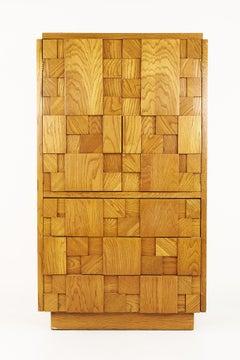 Lane Staccato Mid Century Oak Brutalist Armoire Gentlemens Chest Highboy Dresser