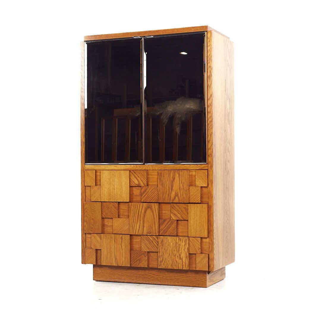 Mid-Century Modern Lane Staccato Mid Century Oak Brutalist Mirrored Armoire For Sale