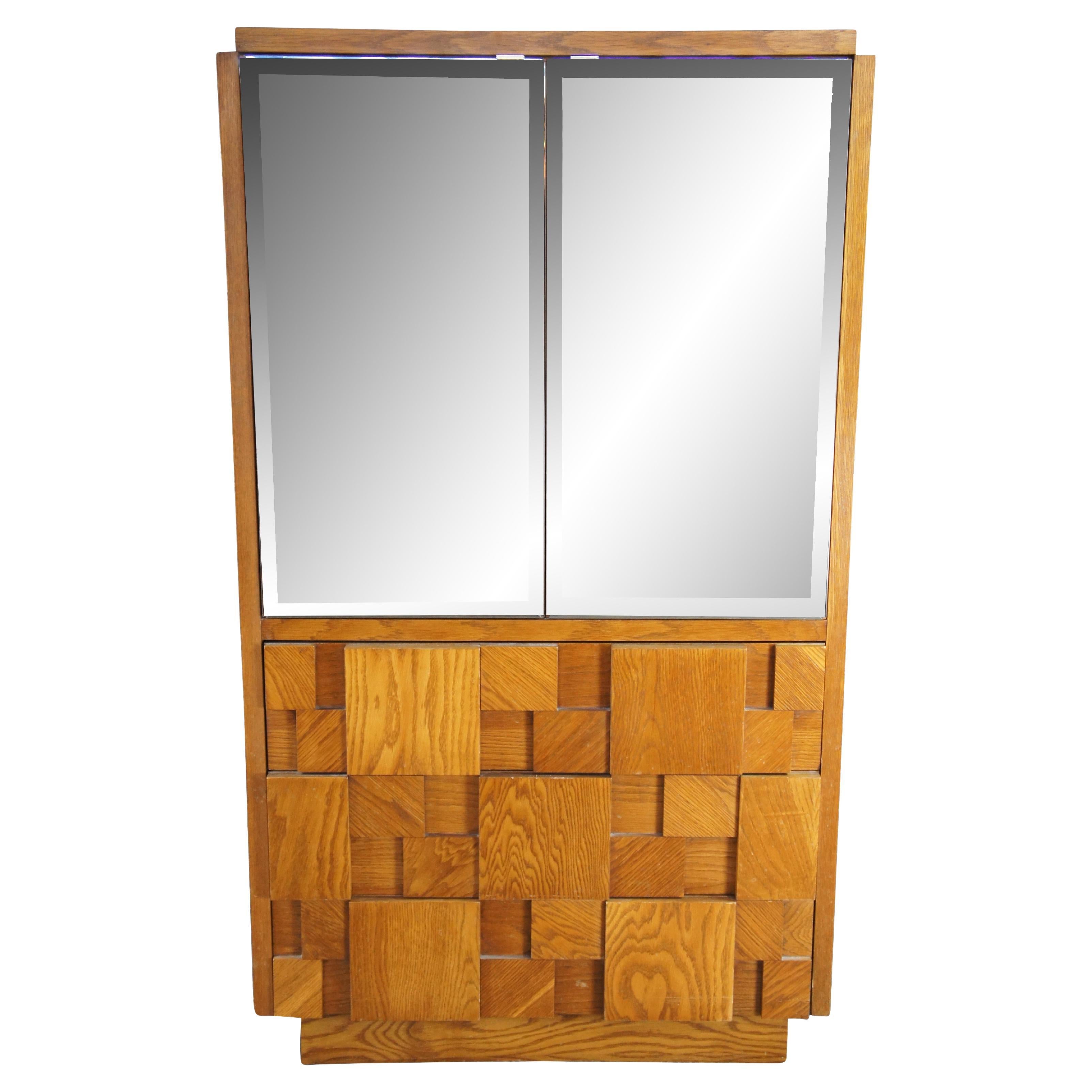 Lane Staccato Mid Century Oak Brutalist Mirrored Clothing Armoire Cabinet 64"