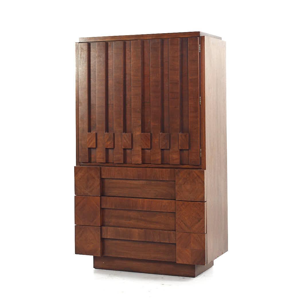 Mid-Century Modern SOLD 03/08/24 Lane Staccato Mid Century Walnut Brutalist Armoire Dresser For Sale
