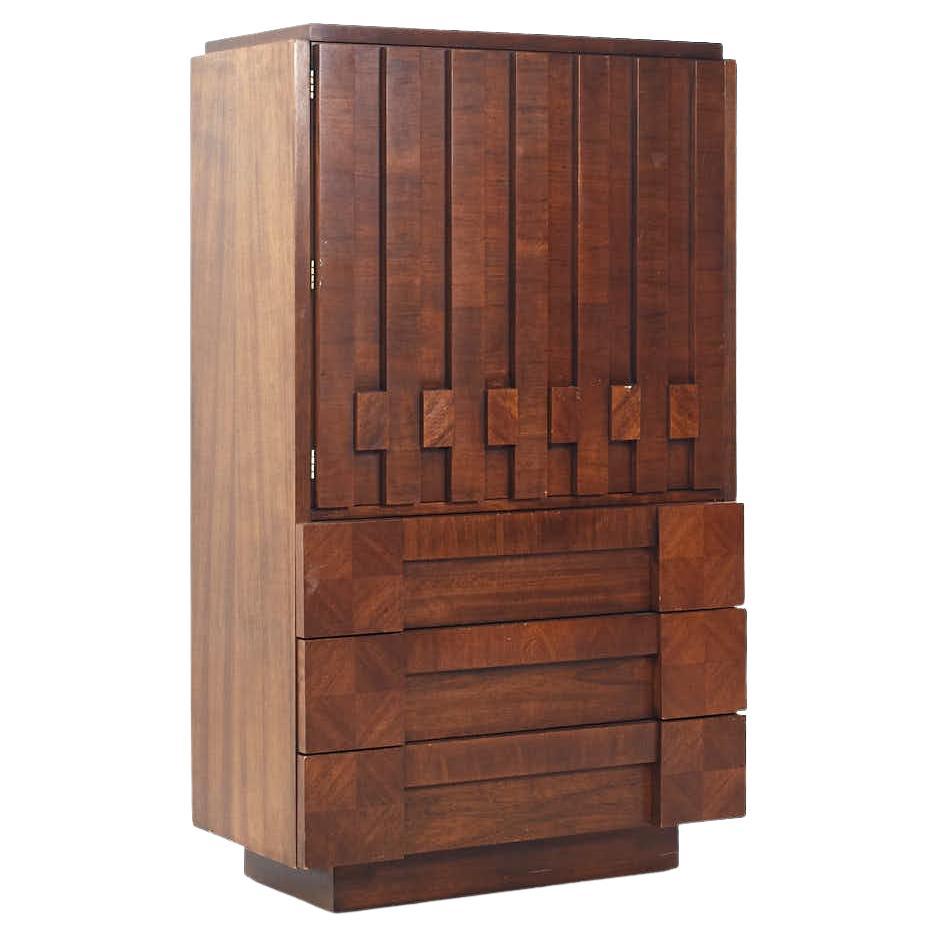 Lane Staccato Mid Century Walnut Brutalist Armoire Dresser For Sale at