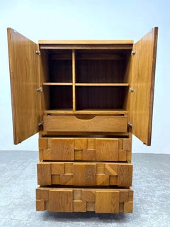 Lane Staccato Sculptural Brutalist Oak Mirrored Door Armoire