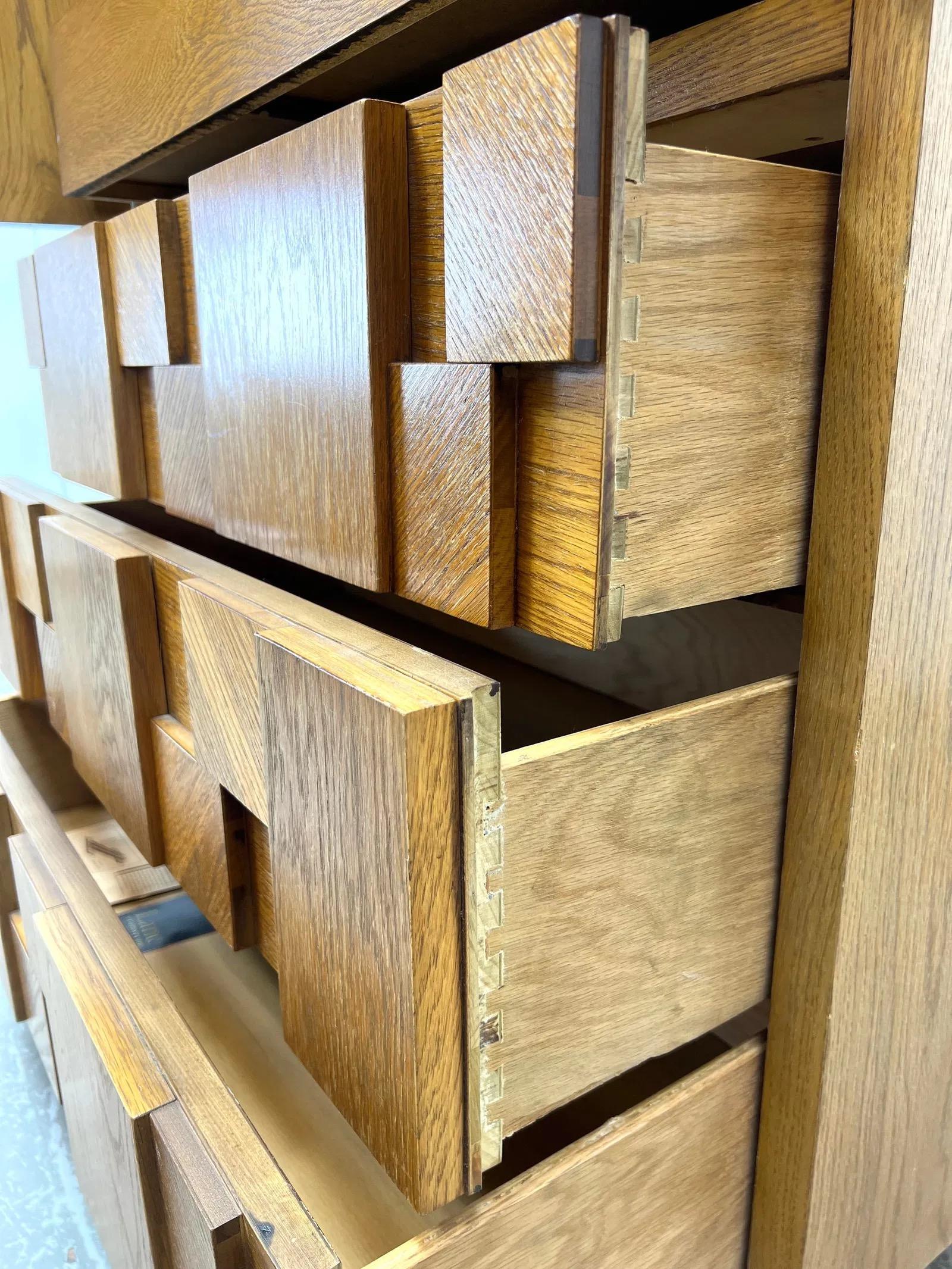 American Lane Staccato Sculptural Brutalist Oak Mirrored Door Armoire For Sale