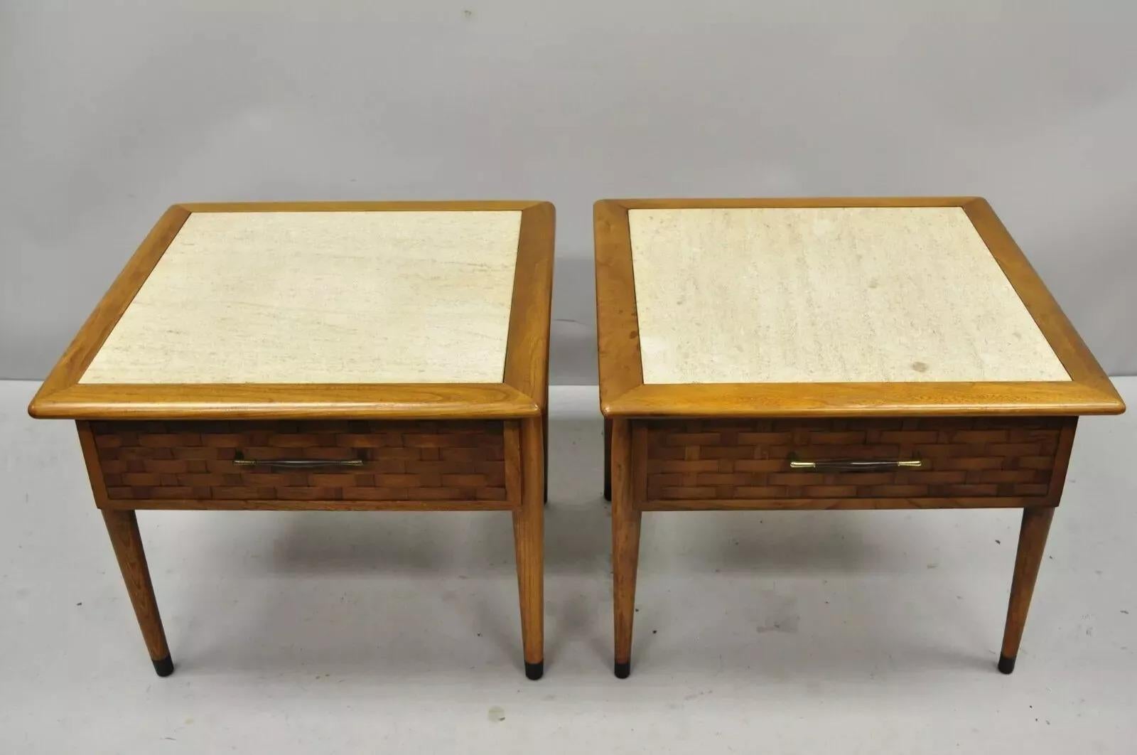 Vintage Lane Style Mid Century Modern Walnut & Travertine One Drawer End Tables - a Pair. Item features travertine stone tops, solid wood frame, beautiful wood grain, 1 dovetailed drawer, tapered legs, clean modernist lines. Circa Mid 20th Century.