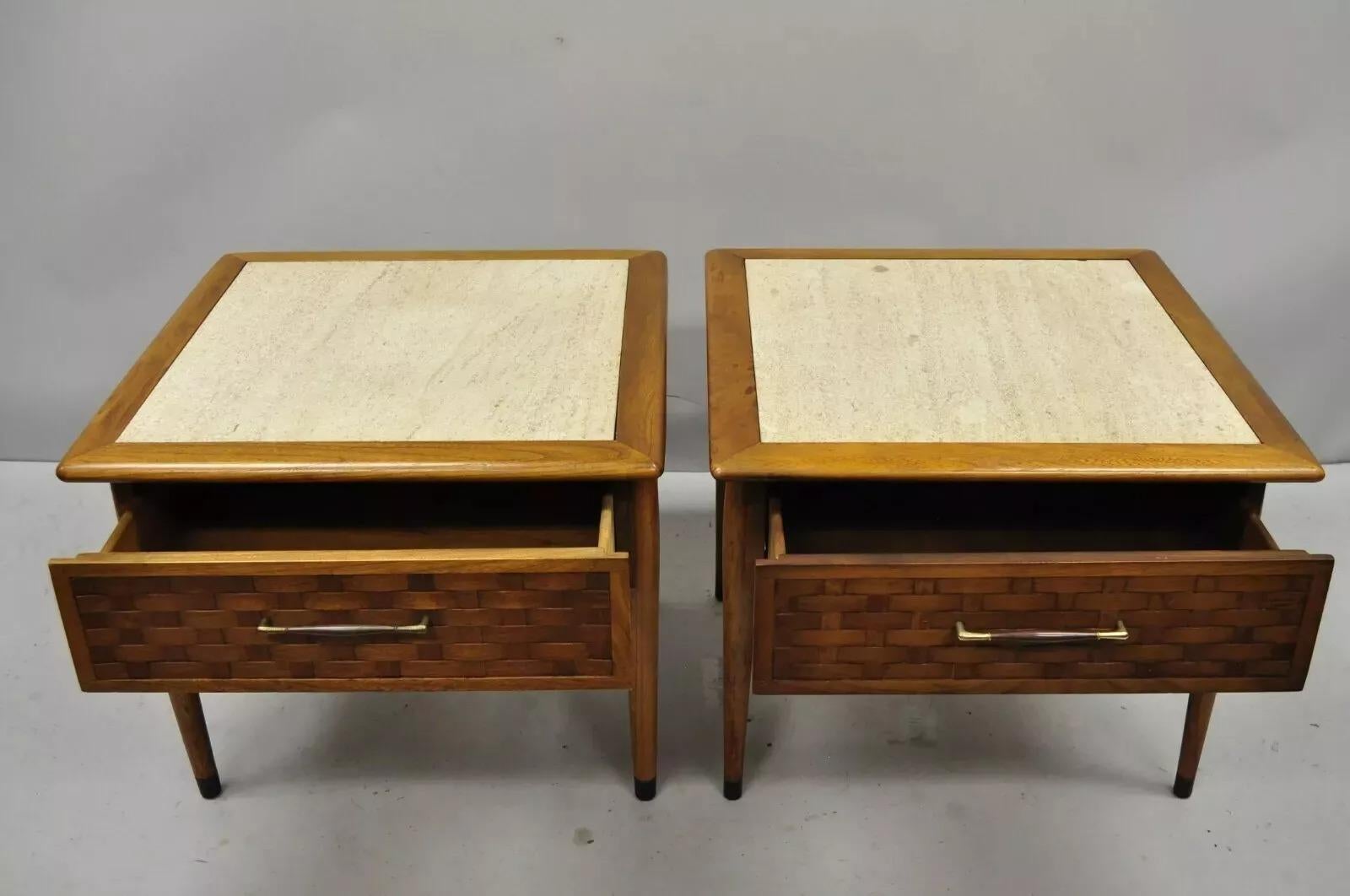 Unknown Lane Style Mid Century Modern Walnut & Travertine One Drawer End Tables - a Pair
