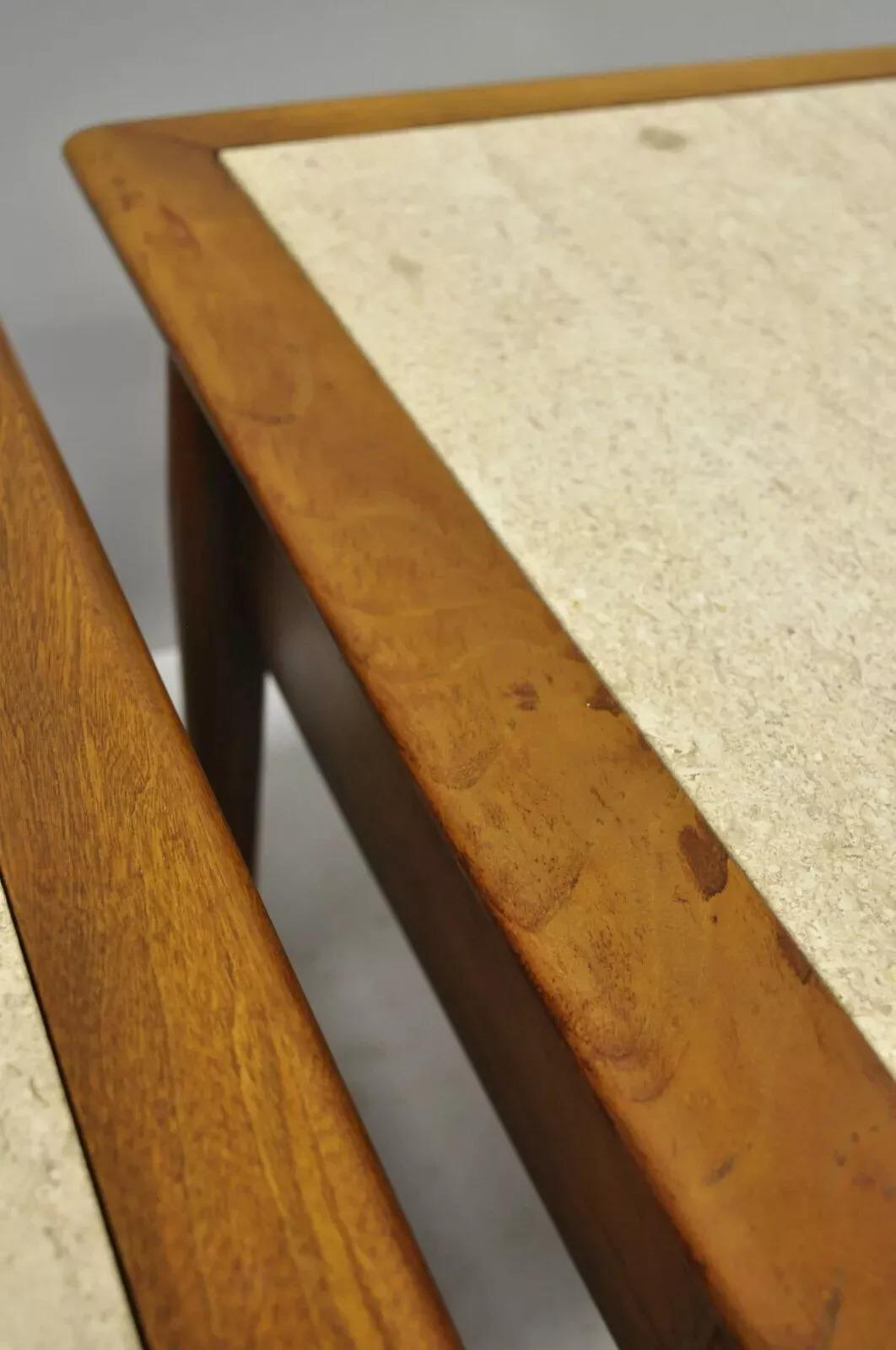 20th Century Lane Style Mid Century Modern Walnut & Travertine One Drawer End Tables - a Pair