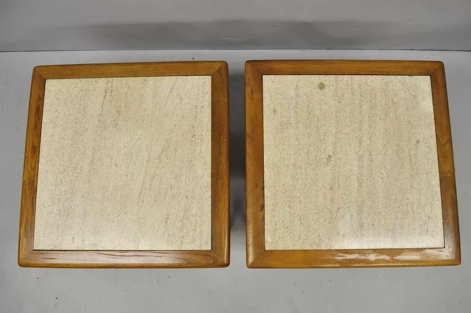 Lane Style Mid Century Modern Walnut & Travertine One Drawer End Tables - a Pair 2