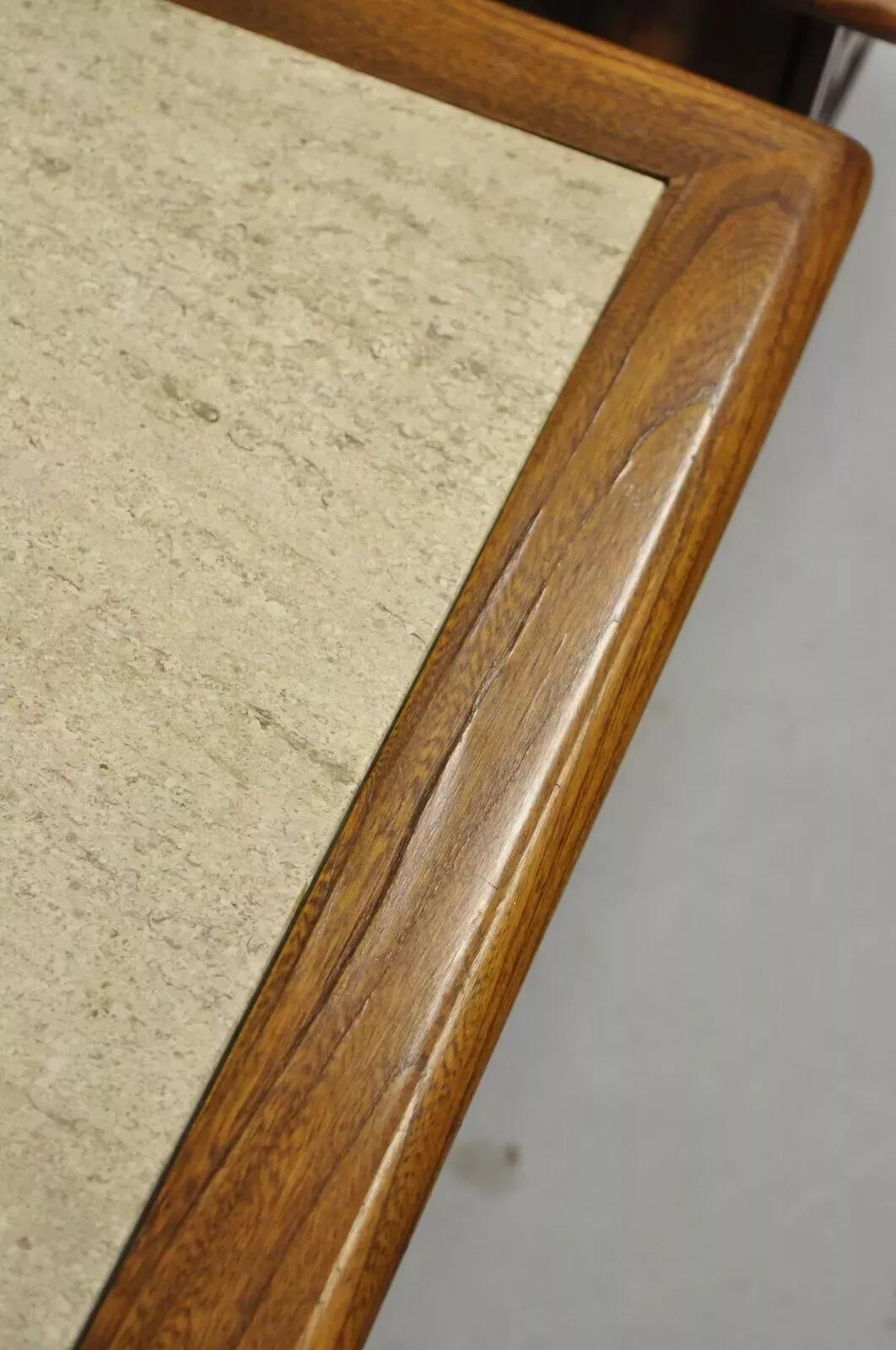 Lane Style Mid Century Modern Walnut & Travertine One Drawer End Tables - a Pair 3