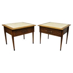 Lane Style Mid Century Modern Walnut & Travertine One Drawer End Tables - a Pair
