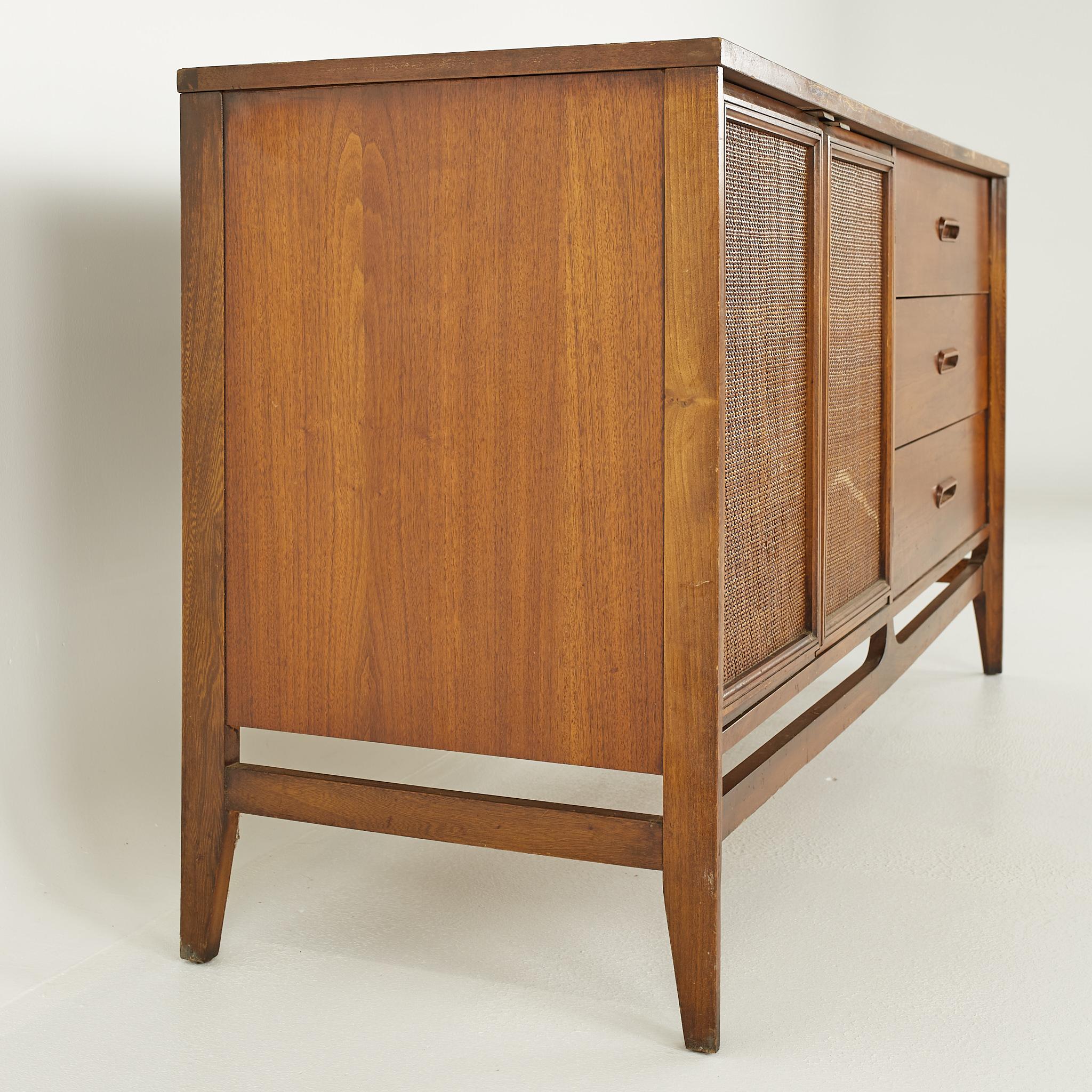 American Lane Style Mid Century Walnut and Cane Front Credenza