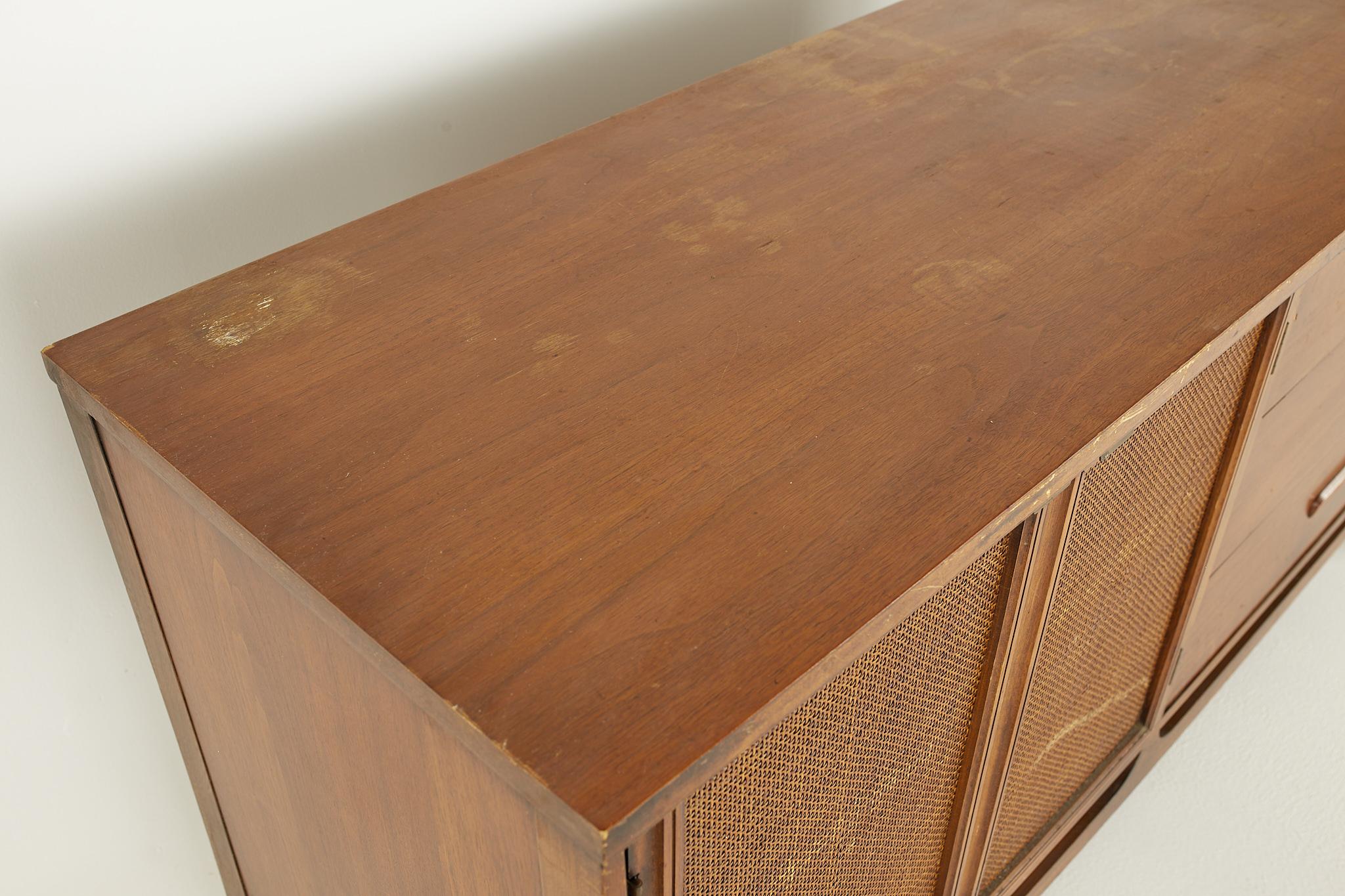 Late 20th Century Lane Style Mid Century Walnut and Cane Front Credenza