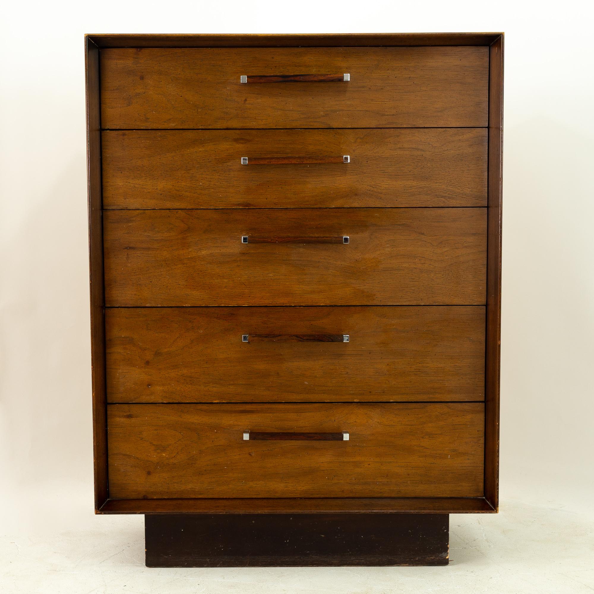 Lane tower suite mid century walnut rosewood inlay 5 drawer highboy dresser 

This dresser measures: 36 wide x 19 deep x 48 inches high

All pieces of furniture can be had in what we call restored vintage condition. That means the piece is