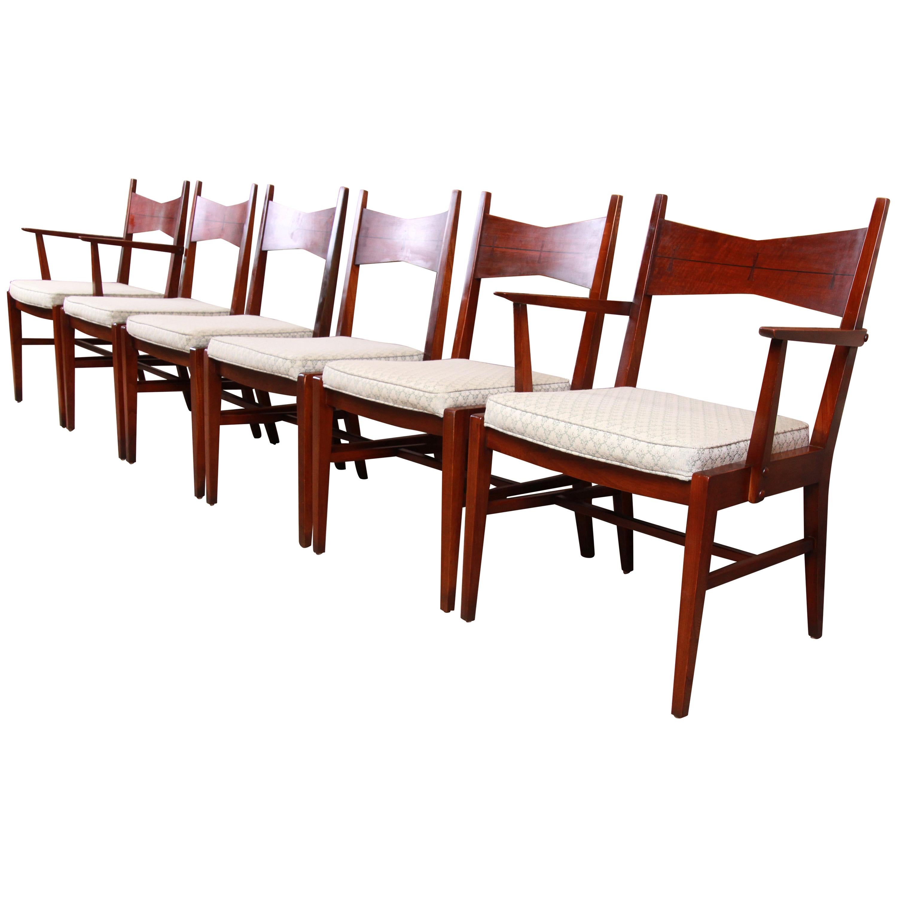 Lane Tuxedo Mid-Century Modern Sculpted Walnut Dining Chairs, Set of Six
