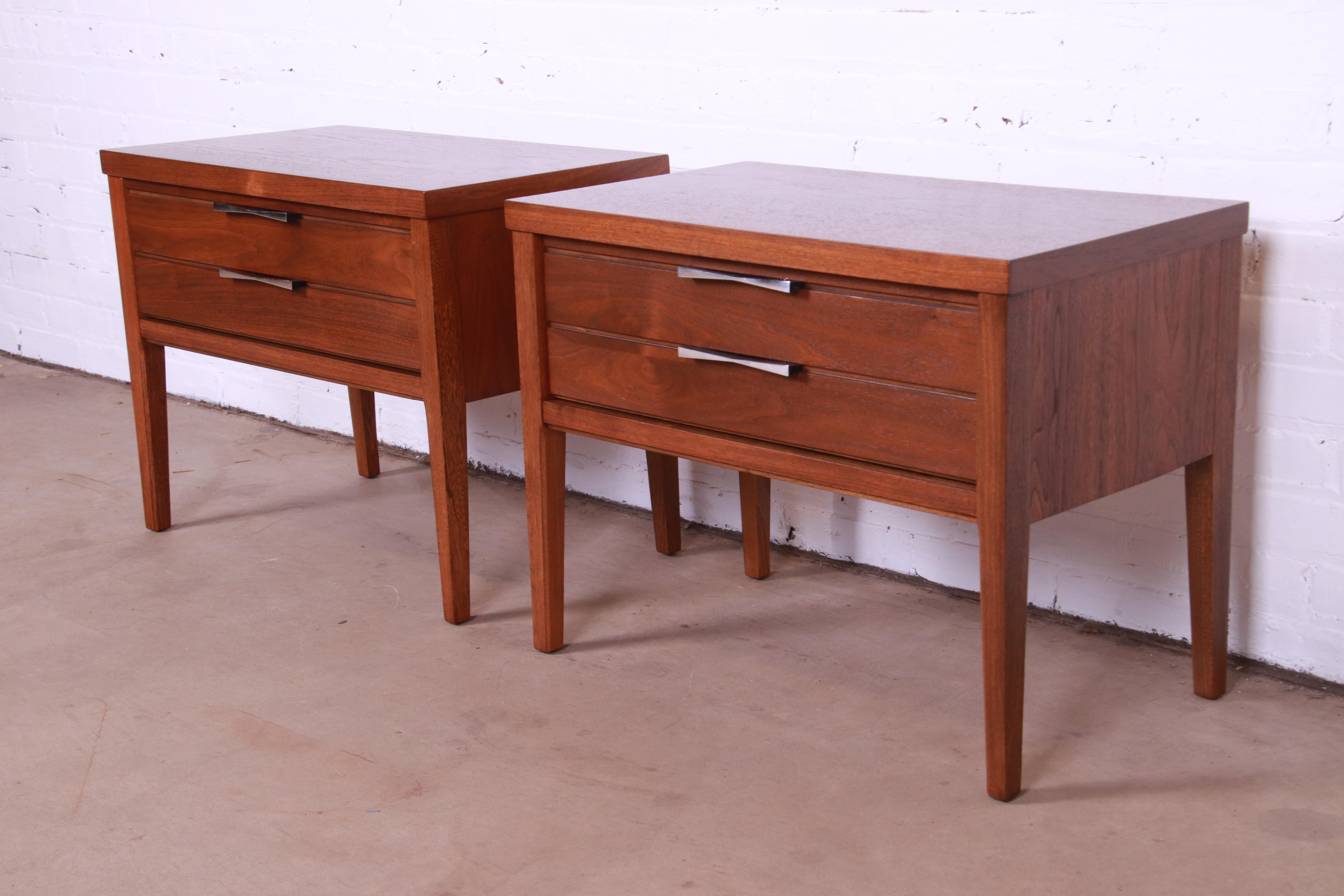 American Lane Tuxedo Mid-Century Modern Walnut and Rosewood Nightstands, Newly Refinished