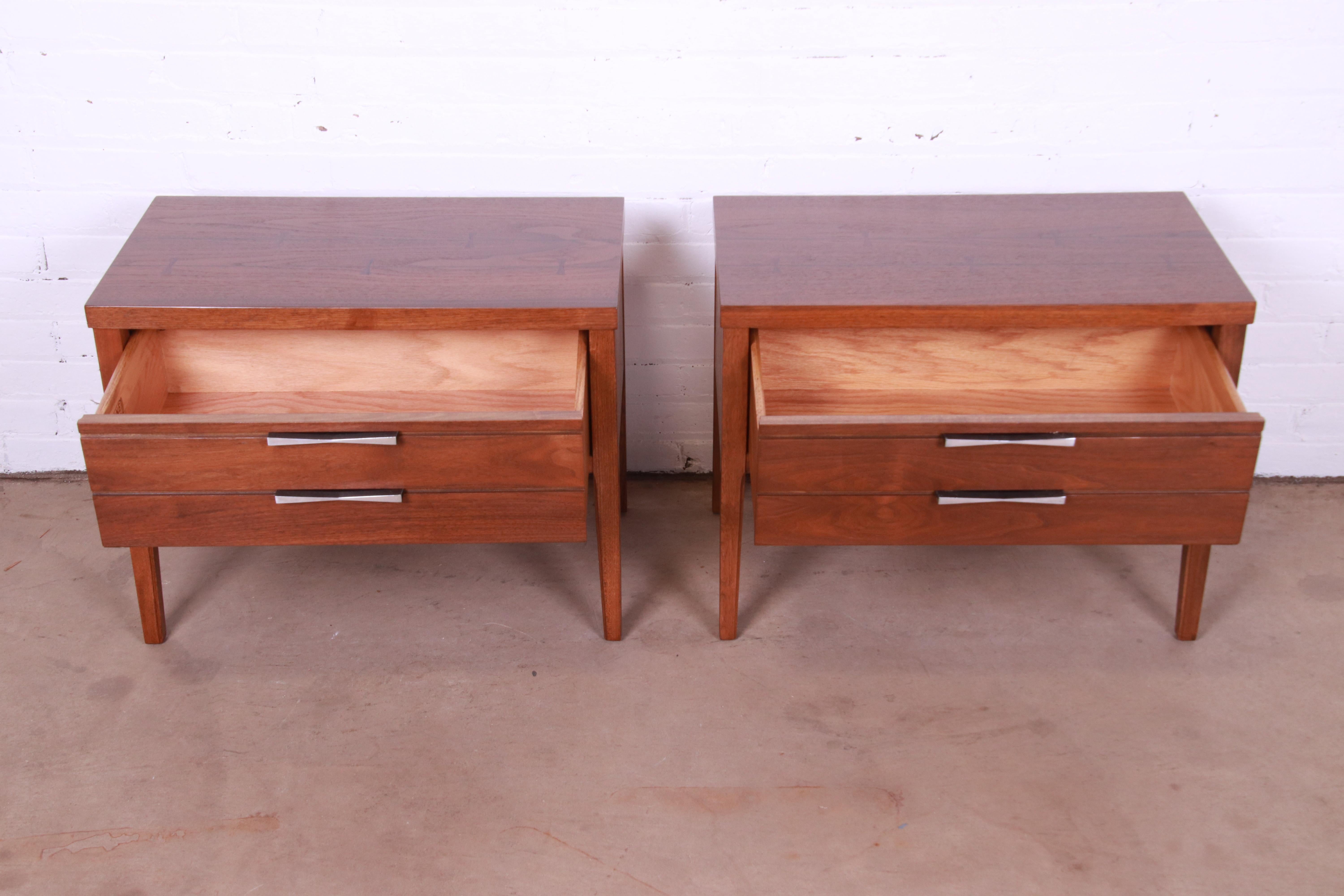 Lane Tuxedo MidCentury Modern Walnut and Rosewood Nightstands, Newly