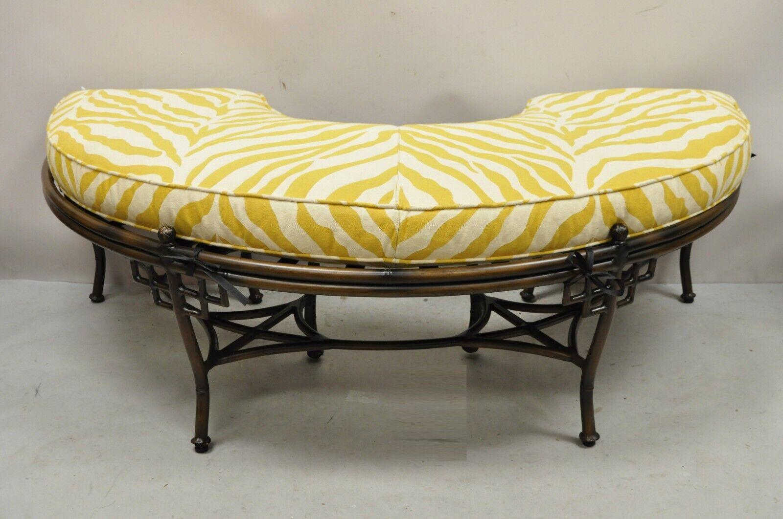 Lane Venture Chinese Chippendale Half Round Metal Faux Bamboo Ottoman Bench. Item features a faux bamboo half round metal frame, fretwork corners, vinyl strap seat, loose cushion with yellow zebra print fabric, quality American craftsmanship, great