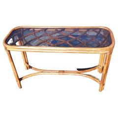 Lane Venture Rattan Wicker Console Sofa Table with Glass Top, circa 1970s