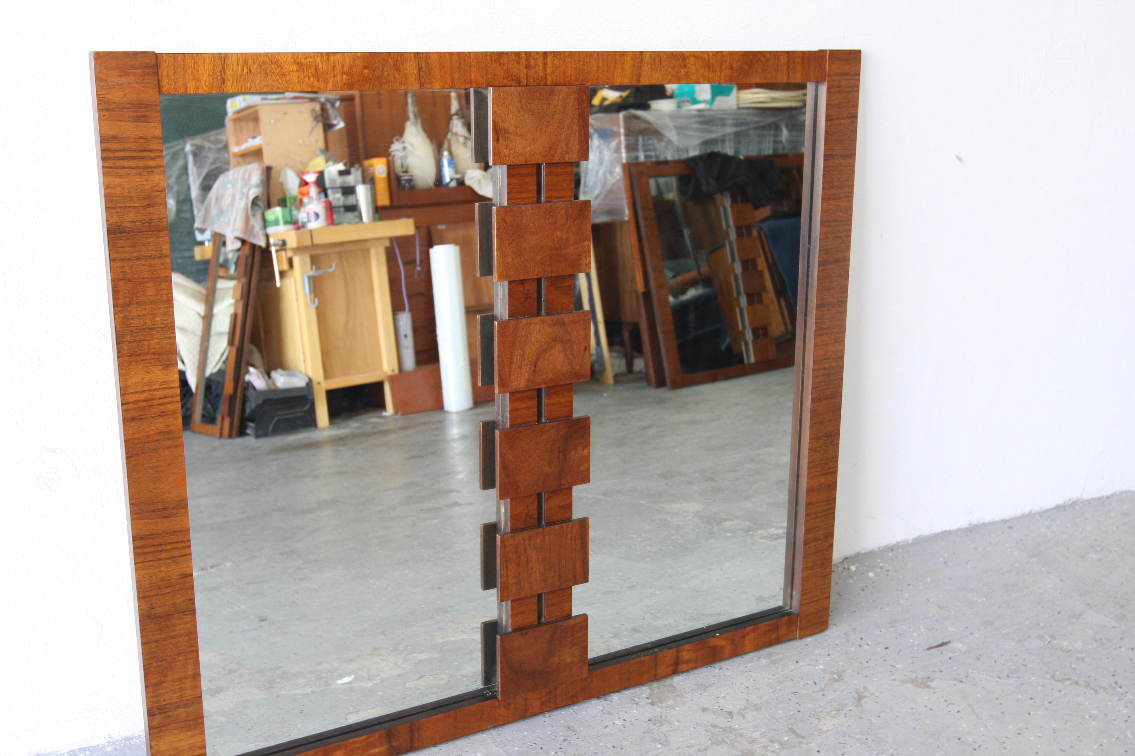 Lane Vintage Brutalist Mid Century walnut Staccato Double Mirror For Sale 4