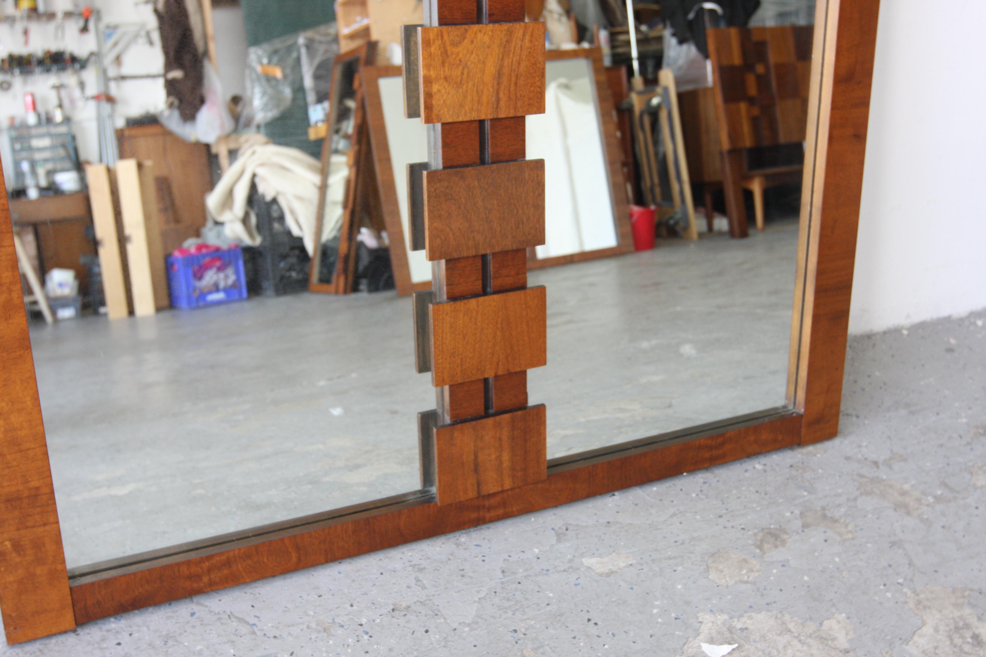 American Lane Vintage Brutalist Mid Century walnut Staccato Double Mirror For Sale
