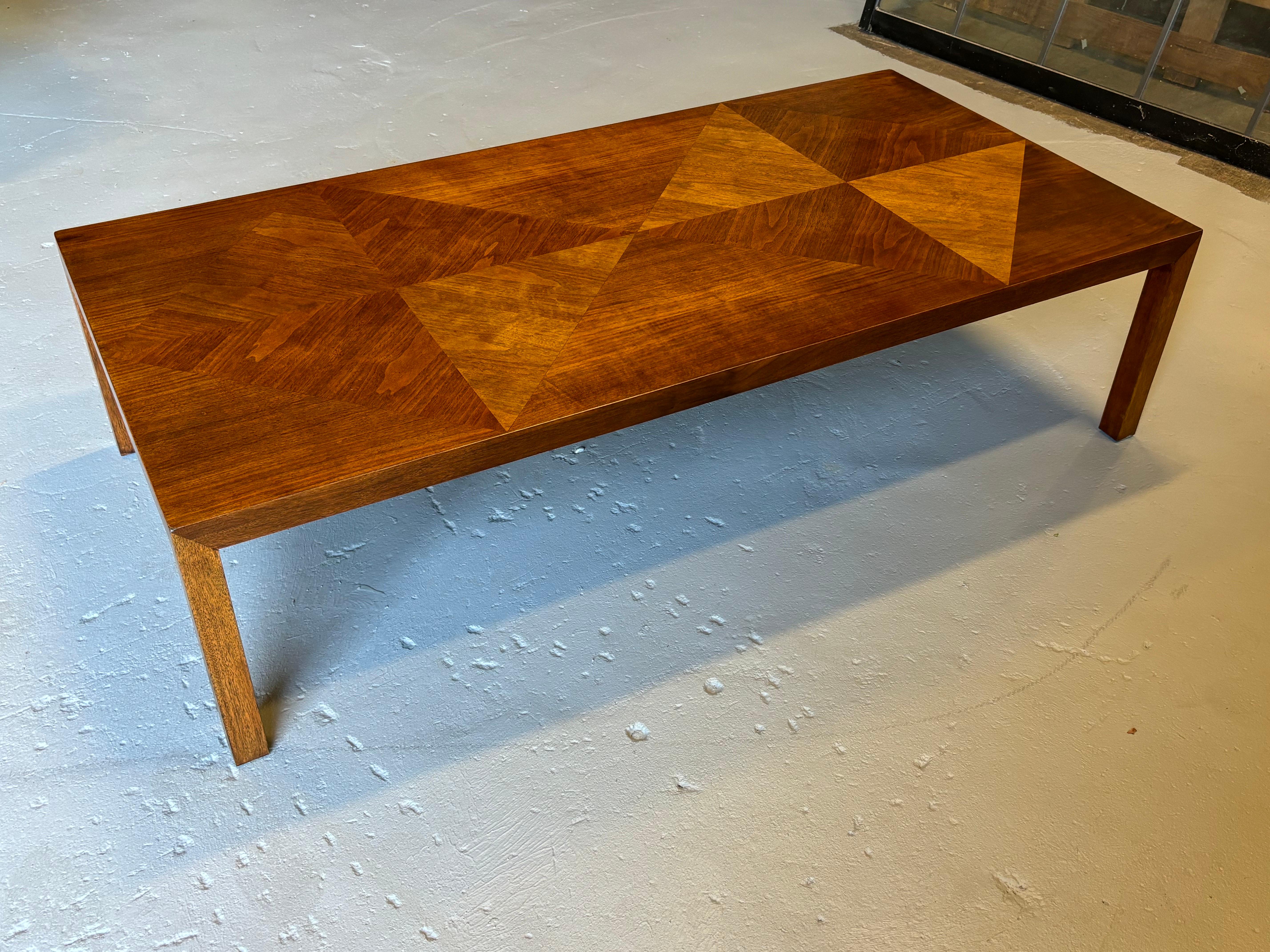 Lane Walnut Coffee Table.  Alternating Triangles form the Table Top of this beautiful table.  Newly refinished and ready to go.