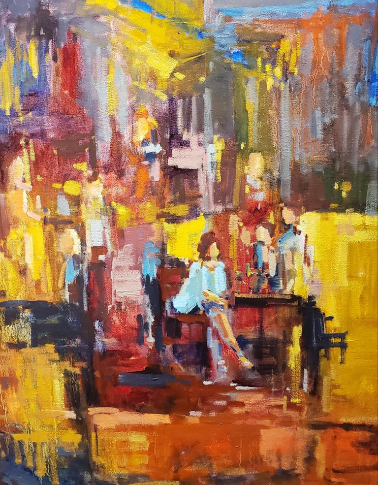 Evening out is an oil painting done in the American Expressionism style .  The list price of $2600 hs been reduced from $3000.
The artist said : Painting landscapes en plein air or subjects from life requires careful observance of light and shadow