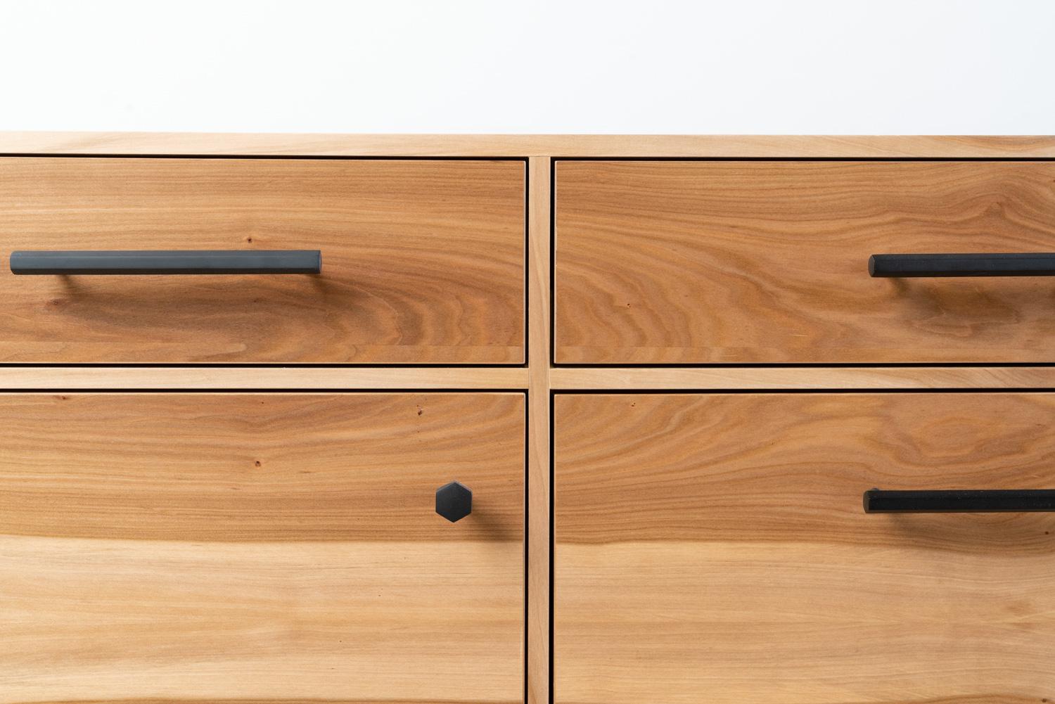 Veneer Modern Credenza in Sweet Gum (Satin Walnut) with Black Patina Steel Base