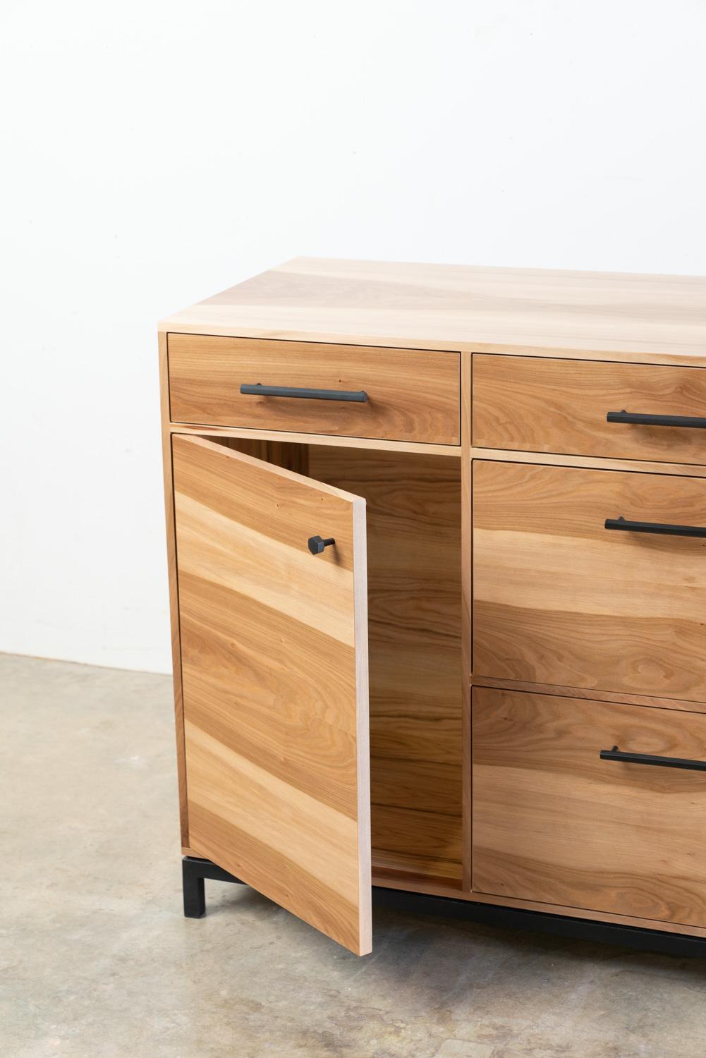 Contemporary Modern Credenza in Sweet Gum (Satin Walnut) with Black Patina Steel Base