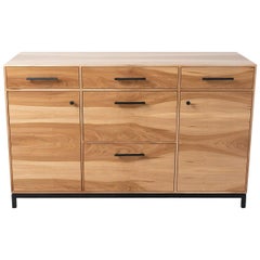 Modern Credenza in Sweet Gum (Satin Walnut) with Black Patina Steel Base