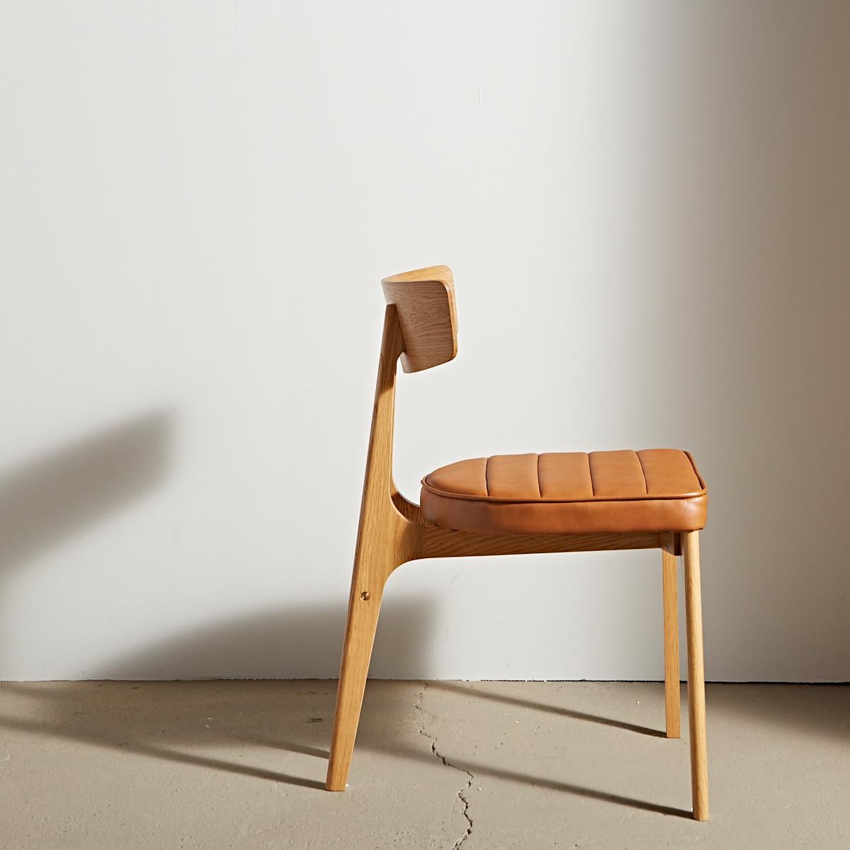 Lacquered Laneway Chair in American Oak, Tan Leather and Brass For Sale