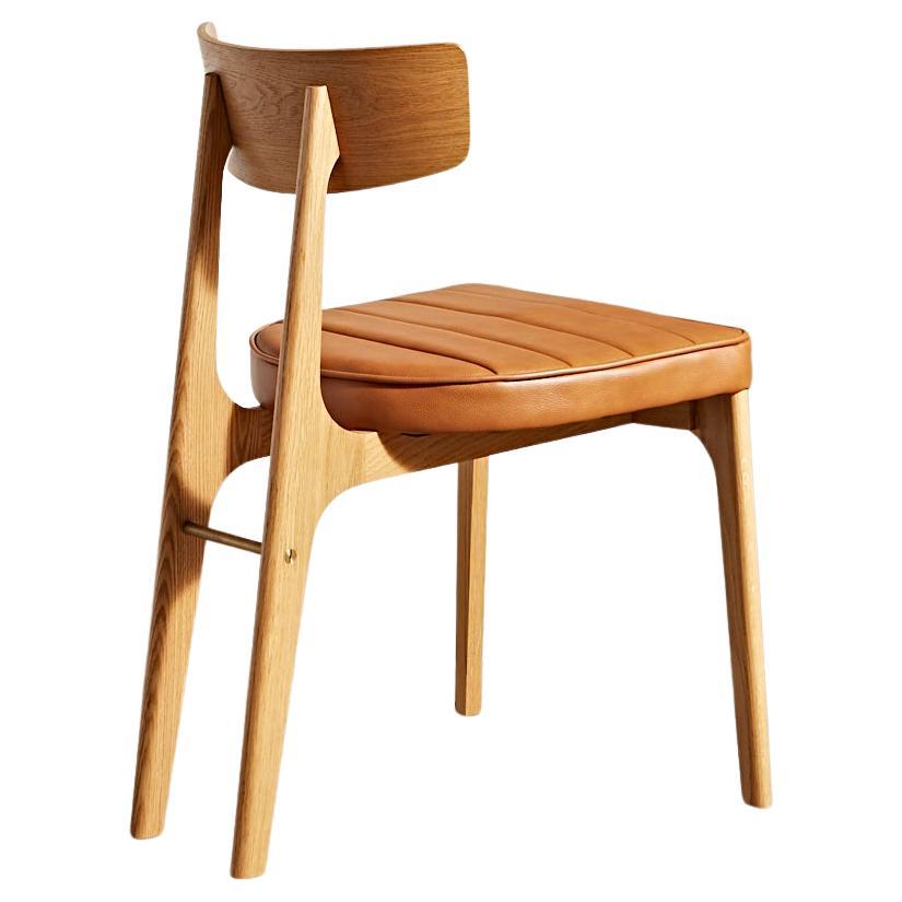 Laneway Chair in American Oak, Tan Leather and Brass For Sale