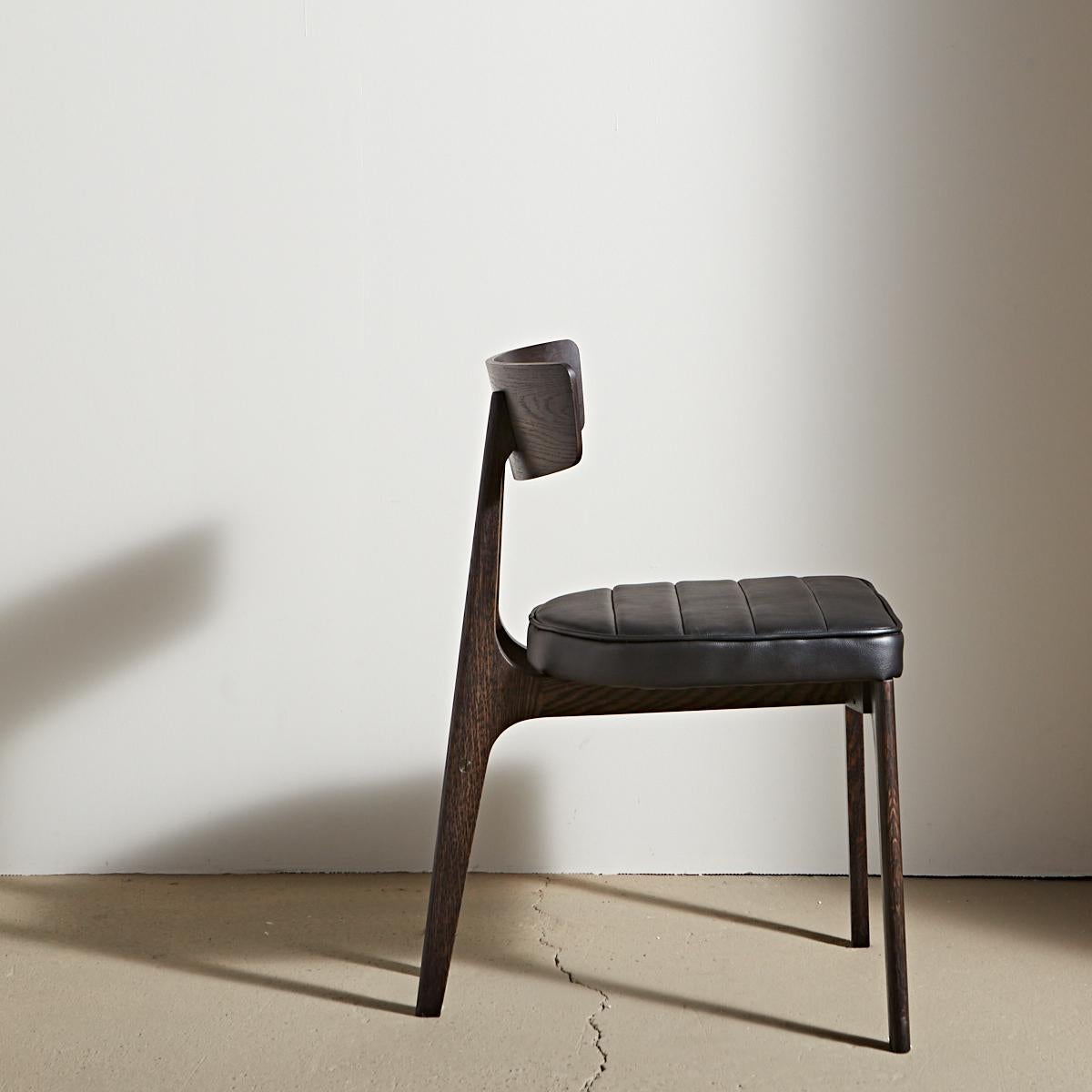 Lacquered Laneway Chair in Ebonized American Oak, Black Leather and Aged Brass For Sale