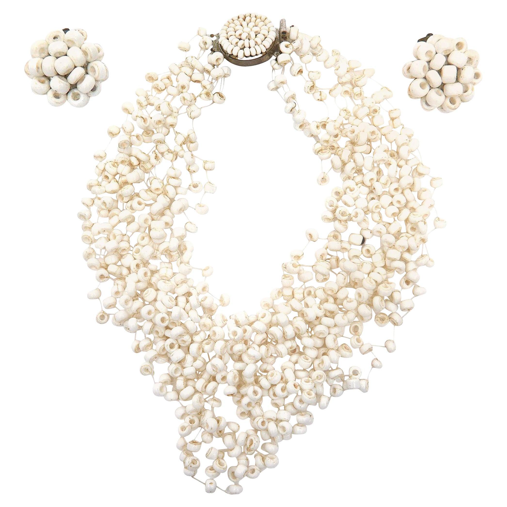  Langani Vintage Multi Strand White Beaded Necklace and Pair Of Clip On Earrings For Sale