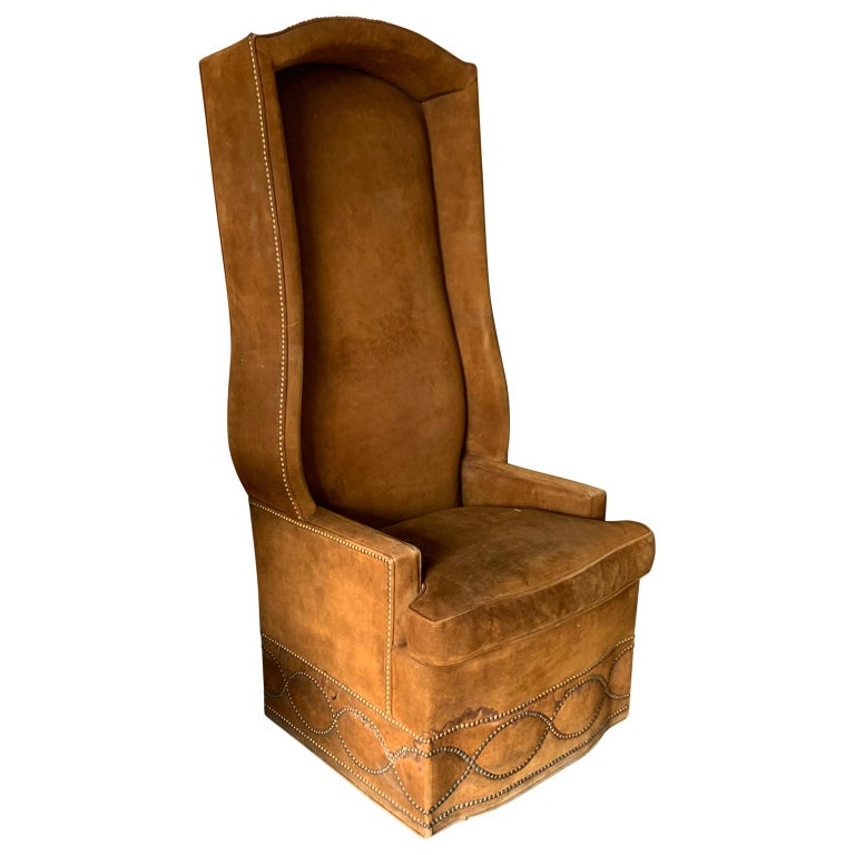 Lange Brown Mid-Century Modern Suede Throne Armchair For Sale at 1stdibs