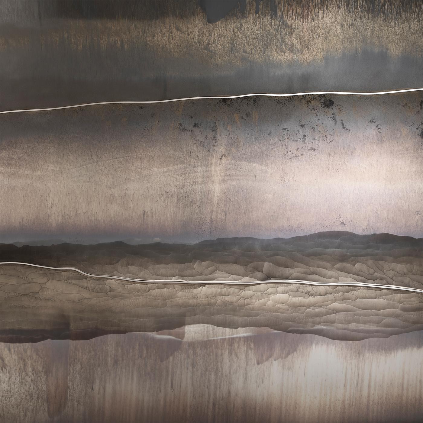 Wir stellen Ihnen einen Raumteiler vor, der Kunst und Funktionalität vereint. Die Metallstruktur in dunklem Titan mit brünierten Messingdetails trägt ein innovatives Design mit hängenden Rohren zur Decken- und Bodenbefestigung. Die Komposition zeigt