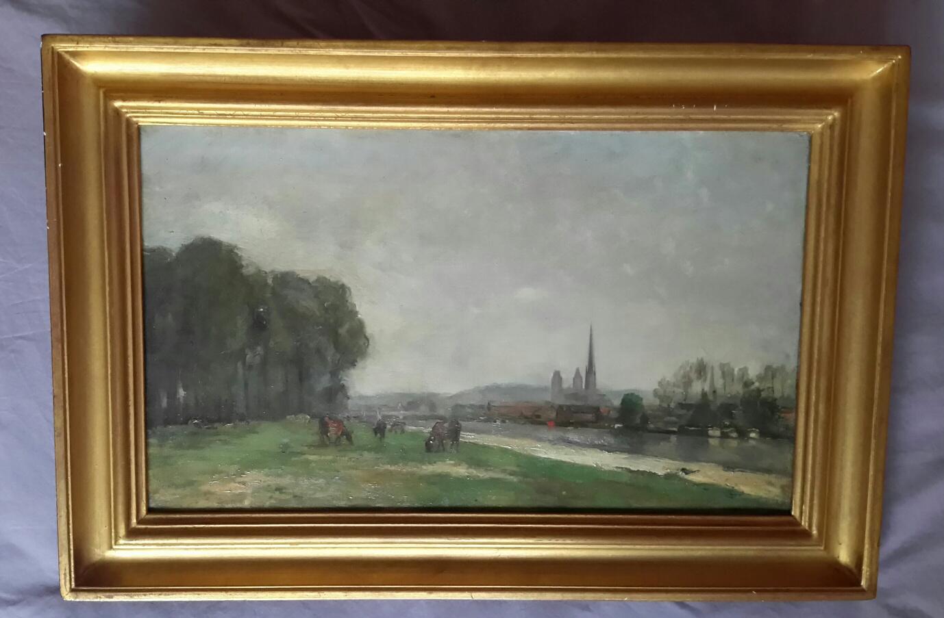  Normandy Rouen Cathedral 19th Century Landscape - Gray Landscape Painting by Langlois