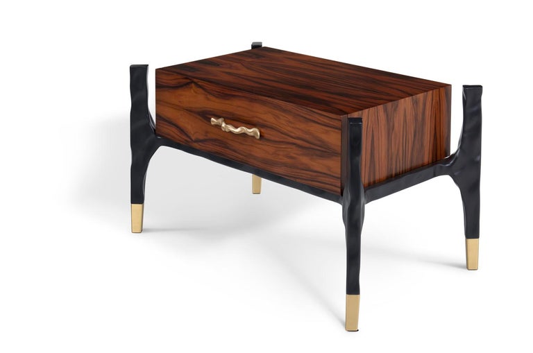 Lanka Bedside Table with Palisander Wood Veneer and Brass Details For
