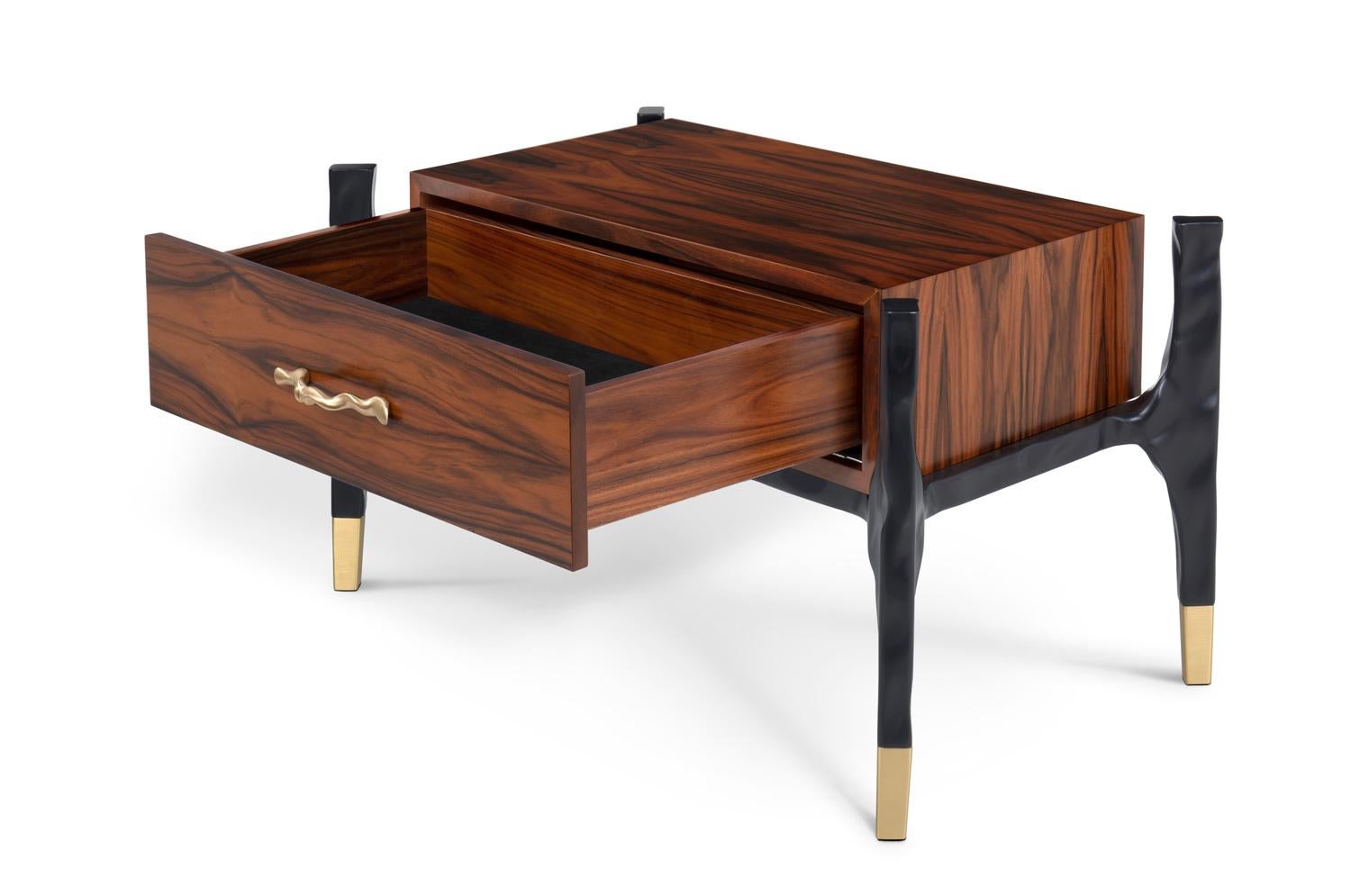 Modern Lanka Bedside Table with Palisander Wood Veneer and Brass Details by Brabbu For Sale