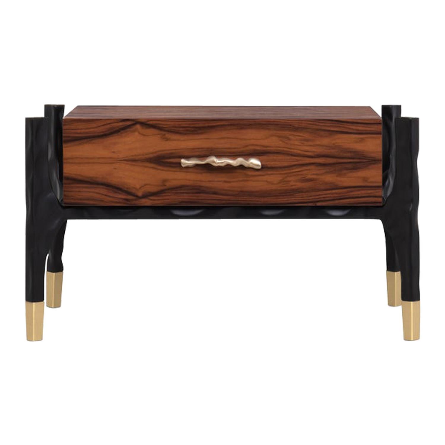 Lanka Bedside Table with Palisander Wood Veneer and Brass Details by Brabbu For Sale