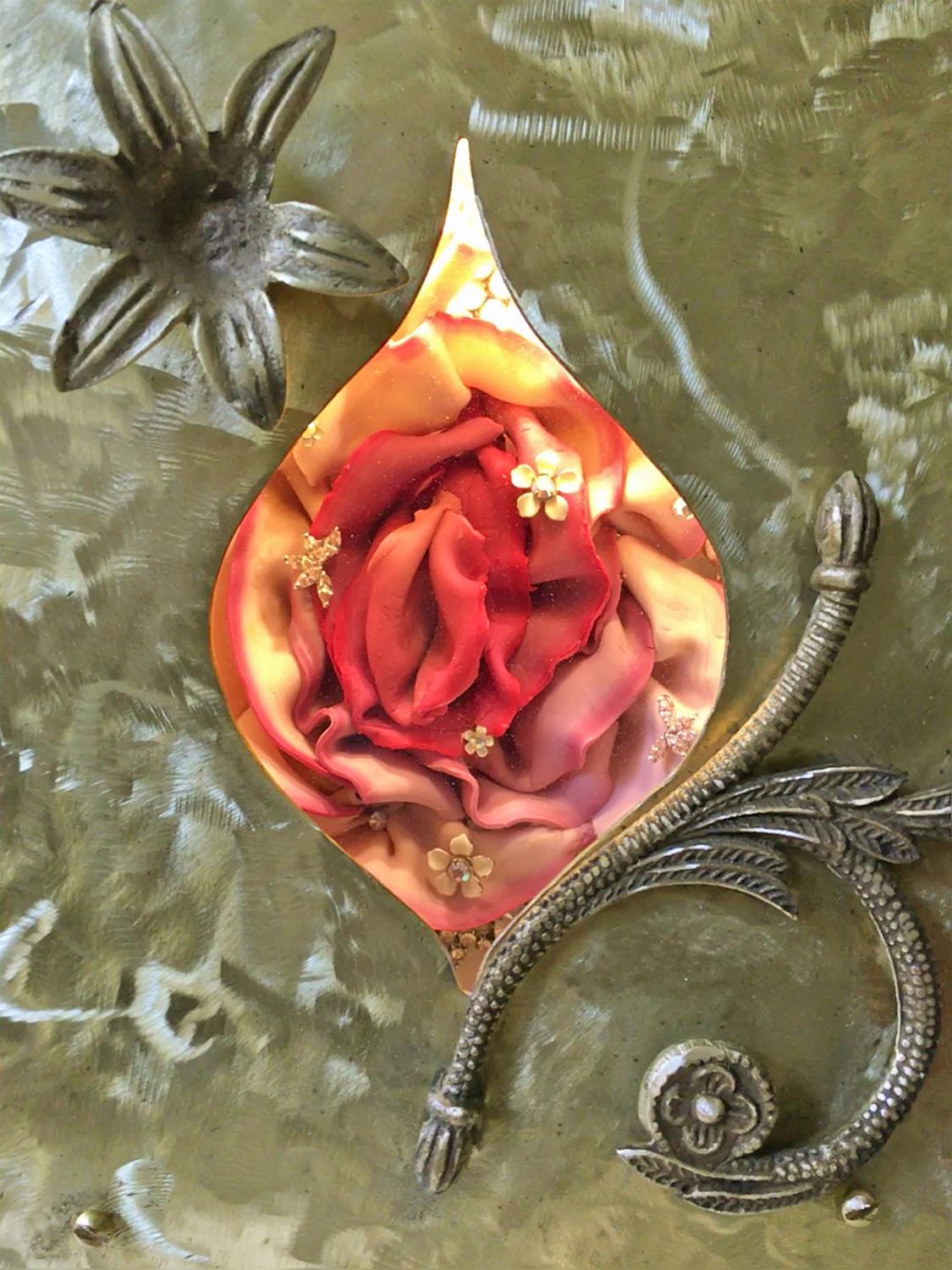 "View Box 2", brass sculpture with erotic pink flower - Mixed Media Art by Lannie Hart