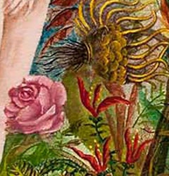 "Adam and Eve", figurative painting in jungle greens, blues, and reds