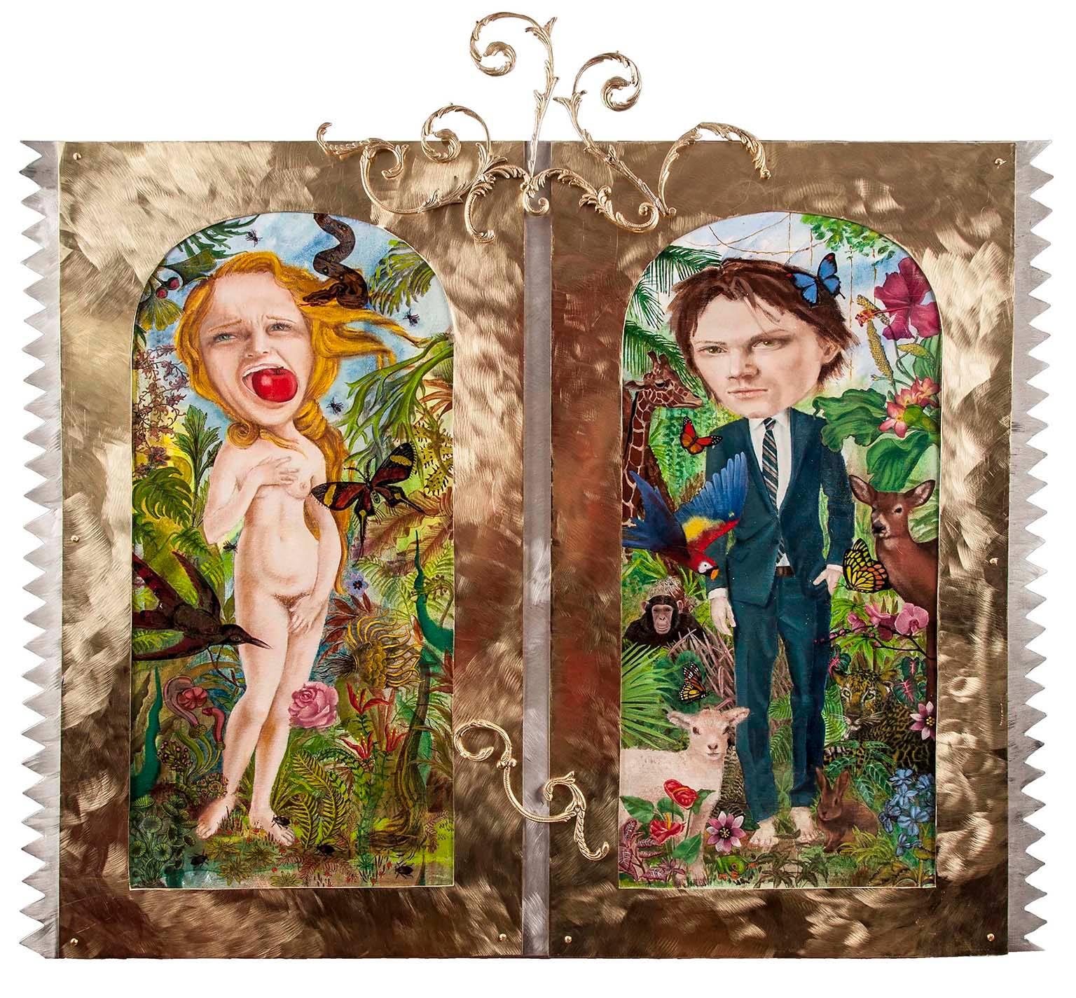 Lannie Hart Figurative Sculpture - "Adam and Eve", figurative painting in jungle greens, blues, and reds